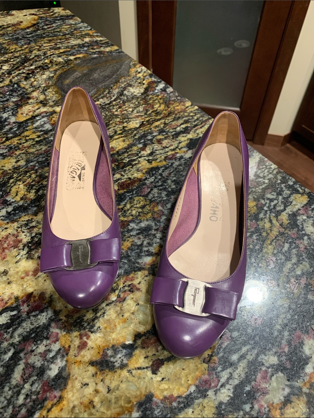 Salvatore Ferragamo Purple Vara Bow Leather Block Heels